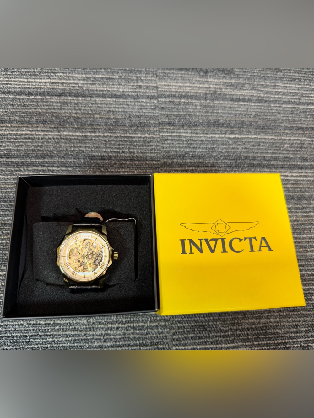 Invicta Objet D Art Epigraph Automatic Gold Skeleton Dial Watch Black Strap New - Picture 2 of 11